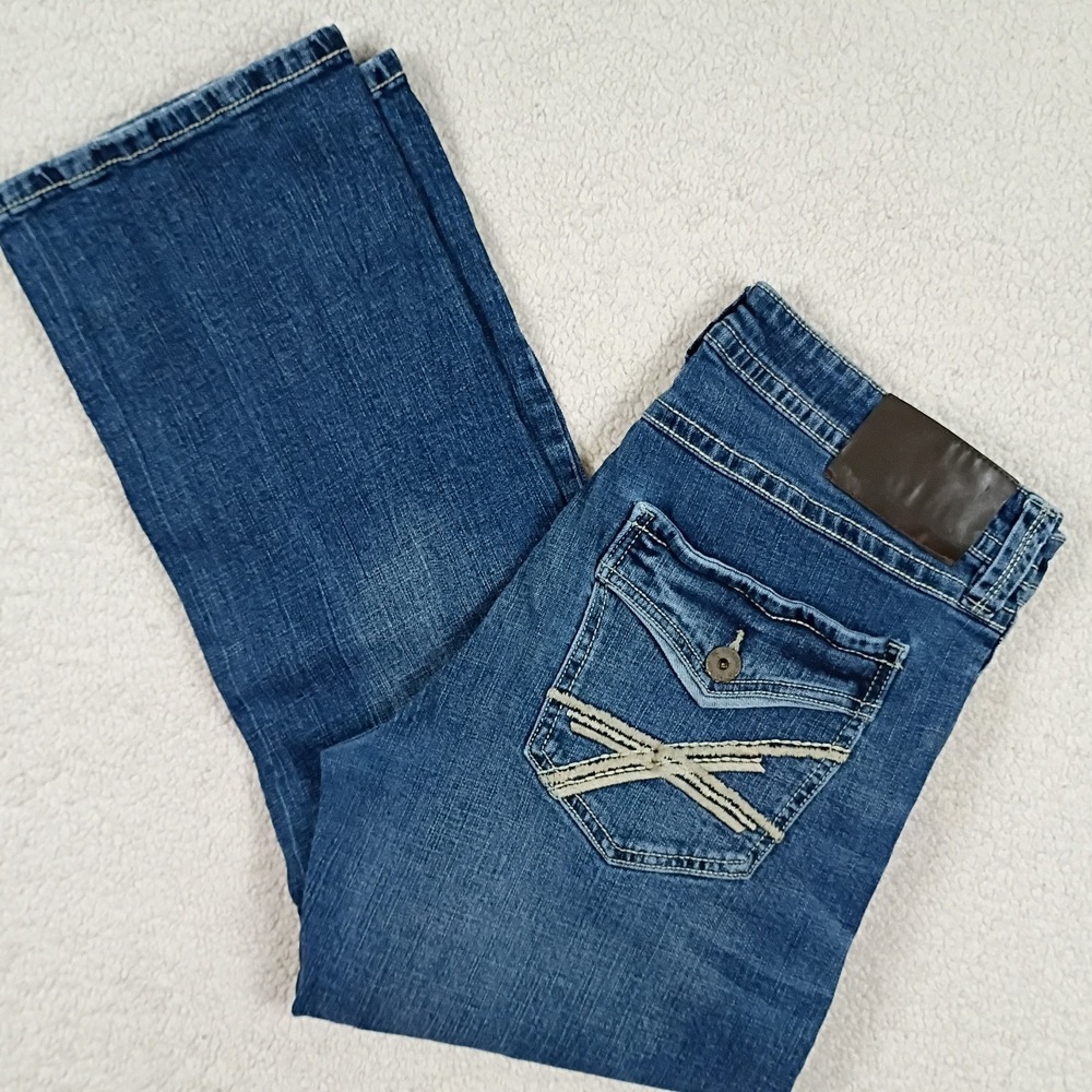 TK Axel Slim Boot Jeans Mens 34x31 Blue Denim Embroidered Flap Street Western